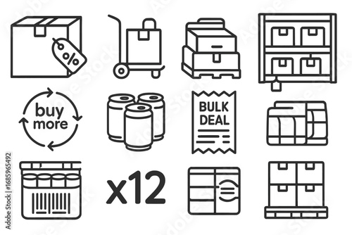Bulk Sales Icons. Line style icons of bulk sales: large box with percent tag, warehouse cart, stacked product tray, multi-pack