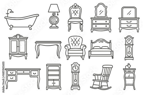 Vintage Furniture Icons. Line style icons of vintage furniture: clawfoot bathtub, rotary lamp, carved wooden chair, dresser with