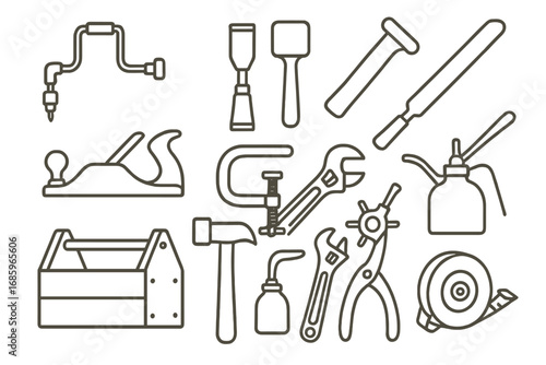 Vintage Tool Icons. Line style icons of vintage tools: hand drill, chisel and mallet, saw with wood handle, metal file; carpenter