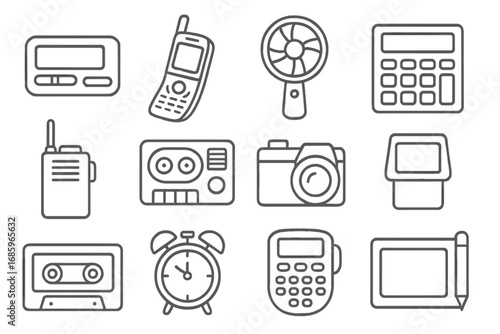 Retro Gadget Icons. Line style icons of retro gadgets: pager, flip phone, handheld fan, old calculator; walkie-talkie, tape