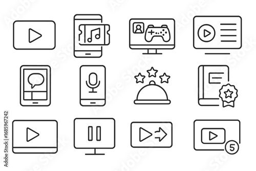 Modern Entertainment Icons. Line style icons of modern entertainment: streaming platform icon, online concert ticket, gaming