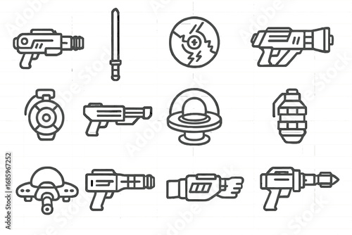 Futuristic Weapon Icons. Line style icons of futuristic weapons: plasma gun, laser sword, electric throwing disc, energy blaster;