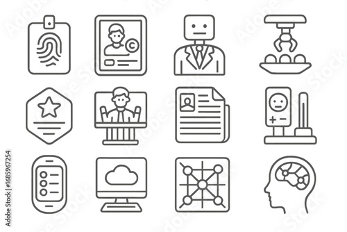 Futuristic Society Icons. Line style icons of futuristic society: biometric ID tag, universal income screen, AI mayor, autonomous