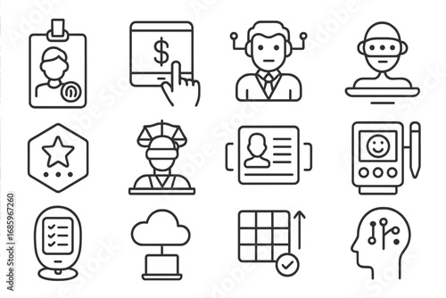 Futuristic Society Icons. Line style icons of futuristic society: biometric ID tag, universal income screen, AI mayor, autonomous