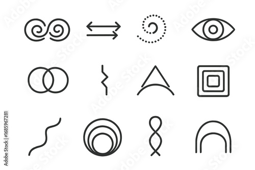 Abstract Symbol Icons. Line style icons of abstract symbols: infinity spiral, opposing arrows, spiral path dot, open eye ring;