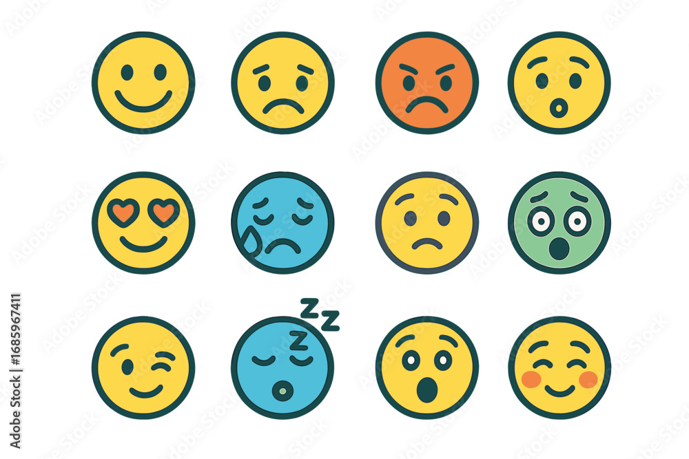 Fototapeta premium Colorful Emotion Icons. Line style icons of colorful emotions: colorful happy face, colorful sad face, colorful angry face,