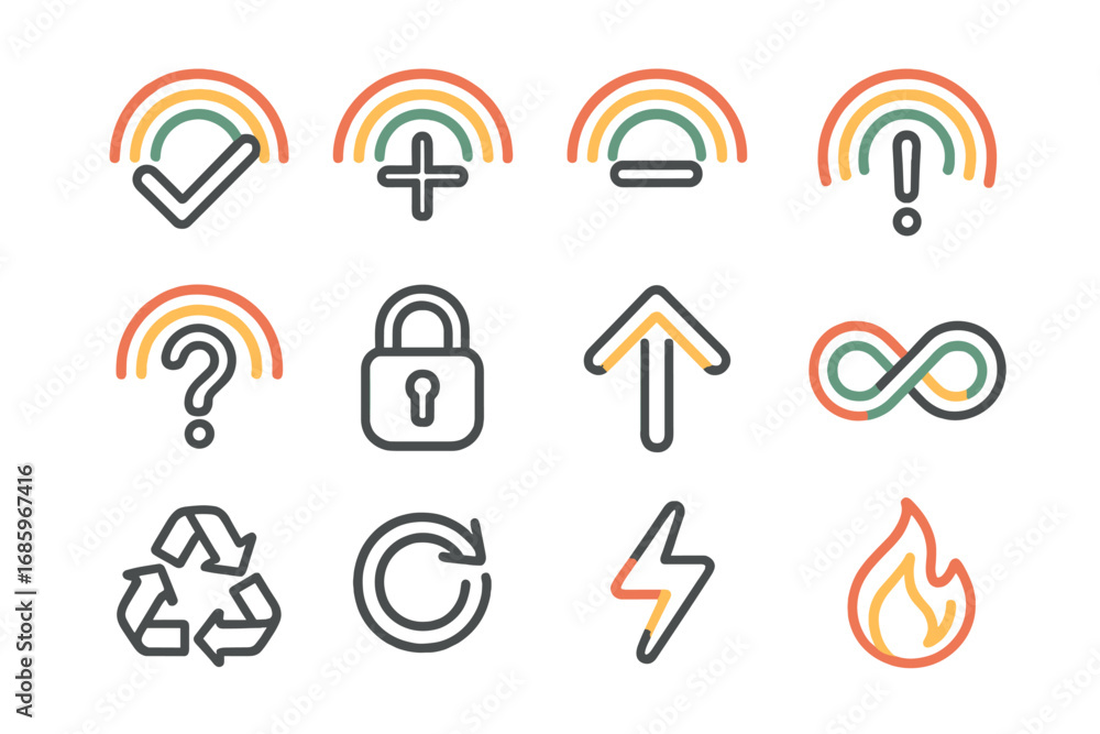 Rainbow Icon Set. Line style icons of rainbow symbols: rainbow checkmark, rainbow plus, rainbow minus, rainbow exclamation;