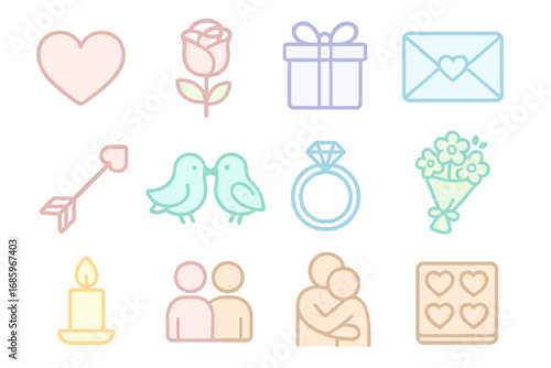 Pastel Love Icons. Line style icons of pastel love: pastel heart, pastel rose, pastel gift box, pastel letter; pastel cupid arrow,
