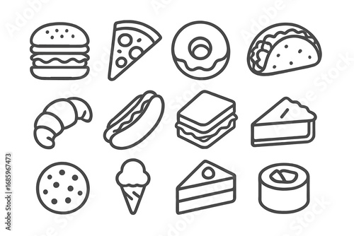 Opaque Food Icons. Line style icons of opaque food: opaque burger, opaque pizza, opaque donut, opaque taco; opaque croissant,