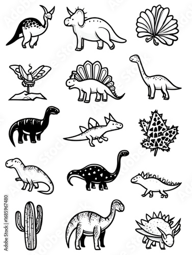Collection of Hand Drawn Dinosaur and Prehistoric Plant Doodles.