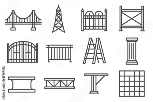 Line Style Metallic Icons. Line style icons of metallic structures: metallic bridge, metallic tower, metallic fence, metallic