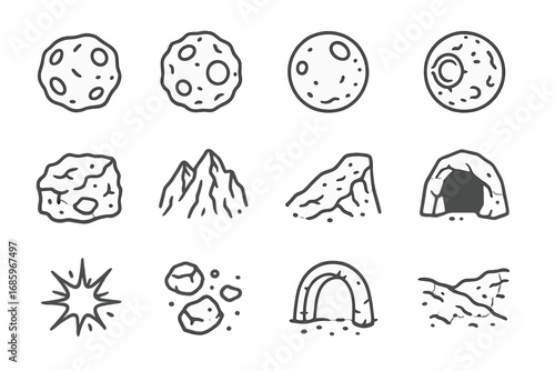 Stone Planet Icons. Line style icons of stone planets and moons: stone meteorite, stone asteroid, stone moon, stone crater; stone
