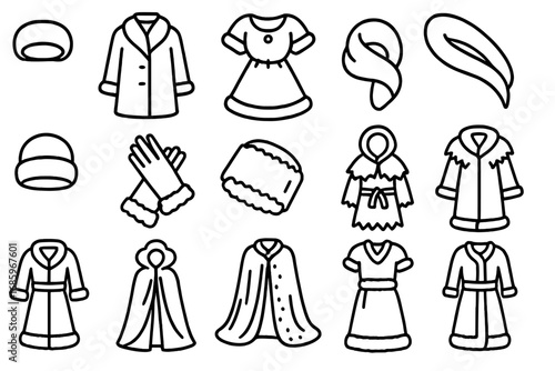 Fur Fashion Icons. Line style icons of fur fashion history: vintage fur coat, fur-trimmed dress, classic fur stole, fur wrap; fur