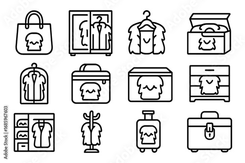Fur Storage Icons. Line style icons of fur storage and protection: fur bag, fur closet, fur hanger, fur garment box; fur dust