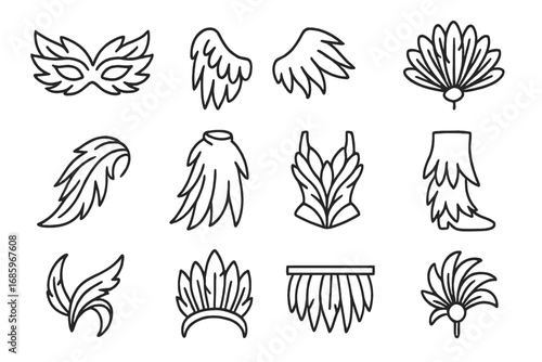 Feather Costume Icons. Line style icons of feather costume elements: feather mask, feather wings, feather shoulder pad, feather