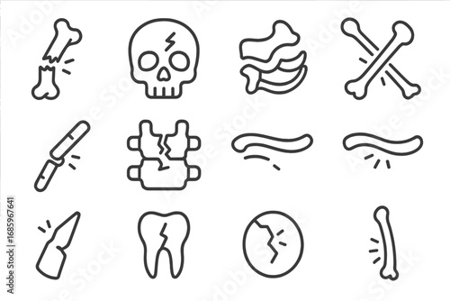 Bone Fragment Icons. Line style icons of bone fragments: broken tibia, cracked skull, chipped rib, splintered femur; snapped