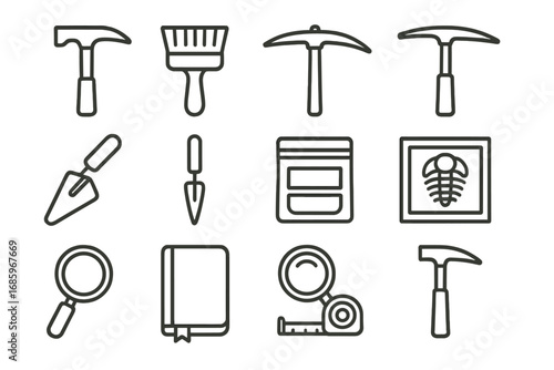 Fossil Dig Tools. Line style icons of fossil dig tools: rock hammer, fossil brush, pickaxe, chisel; trowel, excavation knife,