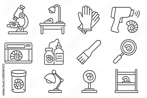Fossil Lab Icons. Line style icons of fossil labs: microscope with fossil chip, fossil prep table, lab gloves, scanning tool;