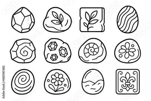 Decorative Stone Icons. Line style icons of decorative stones: polished gem rock, carved marble, engraved stone slab, patterned