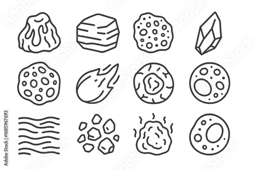 Volcanic Rock Icons. Line style icons of volcanic rocks: molten lava rock, cooled basalt, pumice chunk, obsidian shard; scoria