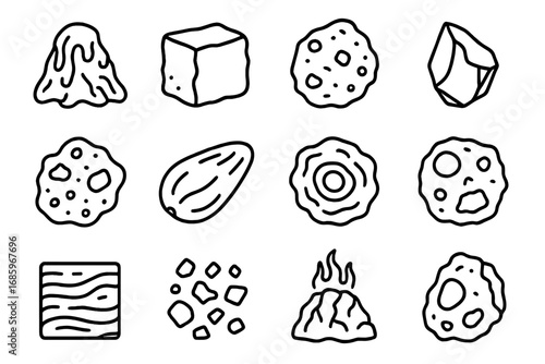 Volcanic Rock Icons. Line style icons of volcanic rocks: molten lava rock, cooled basalt, pumice chunk, obsidian shard; scoria