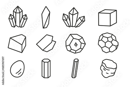 Line Style Minerals. Line style icons of basic minerals: quartz crystal, calcite shard, gypsum cluster, halite cube; feldspar