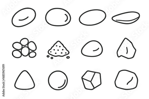 Line Style Pebbles. Line style icons of small stones and pebbles: river pebble, beach stone, smooth oval rock, flat skipping stone