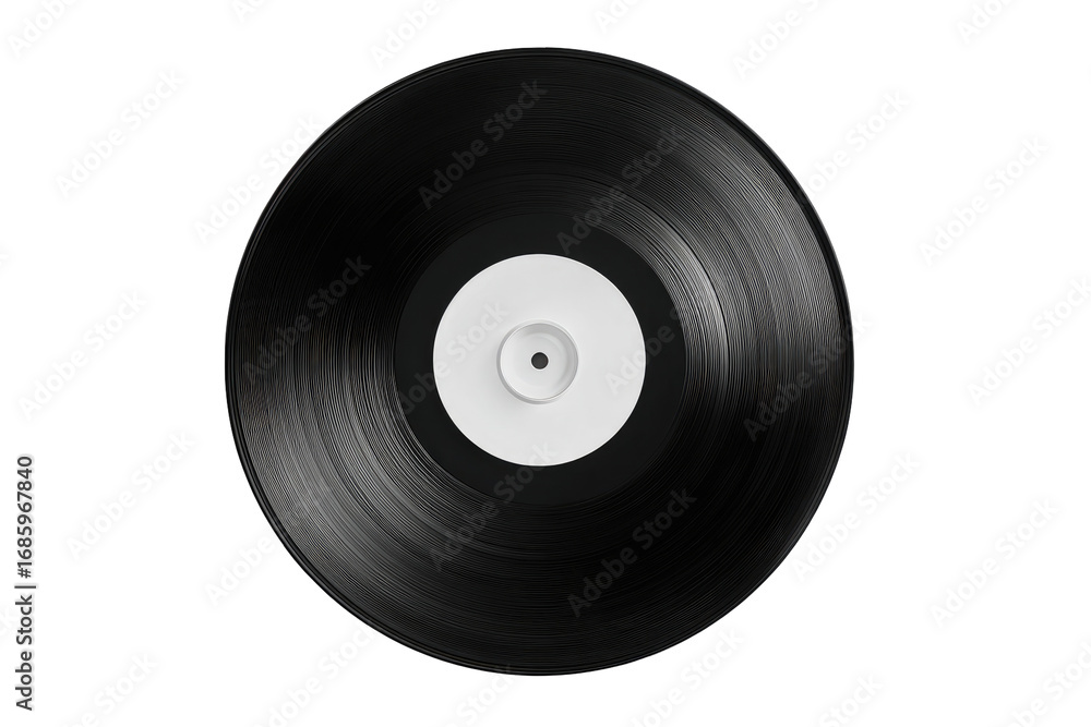 Obraz premium Close-up of a black vinyl record with a white label. The record's surface displays concentric grooves