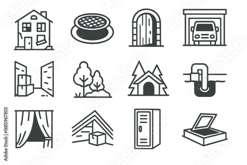 Robbery Escape Icons. Line style icons of robbery escape hiding: abandoned building, sewer hatch icon, hideout door, van in garage
