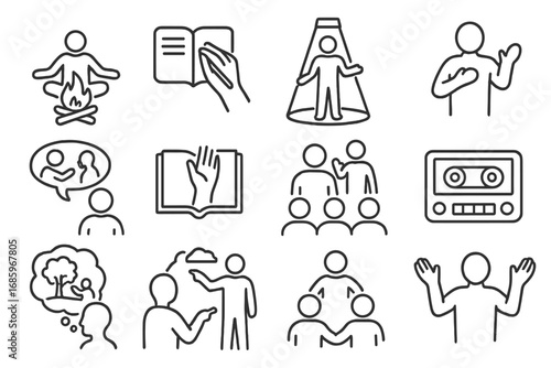 Storytelling Icons Compilation. Line style icons of storytelling confession scenes: campfire speaker, hand in journal, stage