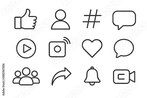 Social Media Icons. Line style icons of social media marketing: thumbs up, user profile, hashtag, speech bubble; play button, live