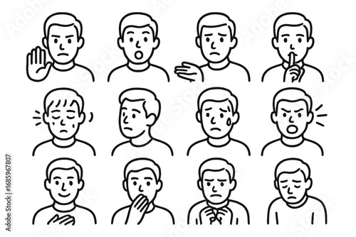 Suspect Reaction Icons. Line style icons of suspect reactions: denial gesture, shocked expression, hesitant response, silent