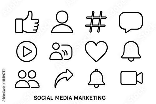 Social Media Icons. Line style icons of social media marketing: thumbs up, user profile, hashtag, speech bubble; play button, live