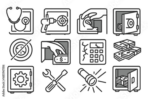 Safe Cracking Icons. Line style icons of safe cracking: stethoscope on safe, drill in lock, code wheel turned, safe door ajar;