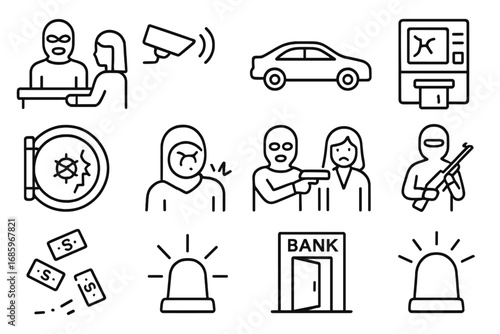 Bank Heist Icons. Line style icons of bank robbery: masked robber at counter, security camera alert, getaway car, broken ATM;