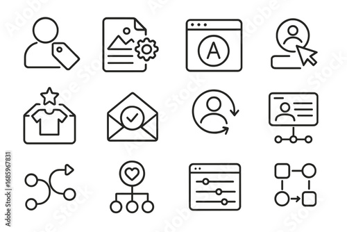 Digital Marketing Icons. Line style icons of personalization in digital marketing: user tag, dynamic content file, name variable,