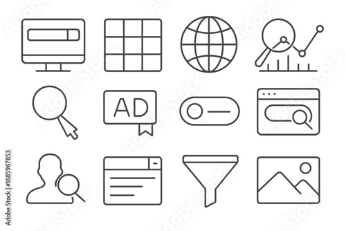 Search Engine Icons. Line style icons of search engine interface: search bar on screen, results grid, globe icon, search analytics