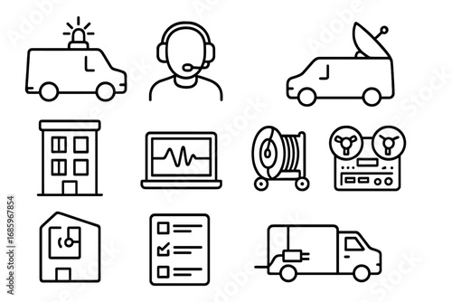 Wiretap Operations Icons. Line style icons of wiretap operations van: surveillance van, antenna on roof, signal light flashing,