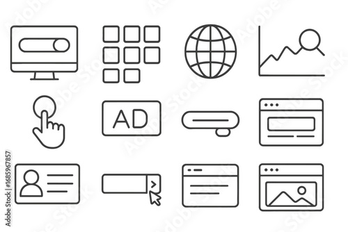 Search Engine Icons. Line style icons of search engine interface: search bar on screen, results grid, globe icon, search analytics