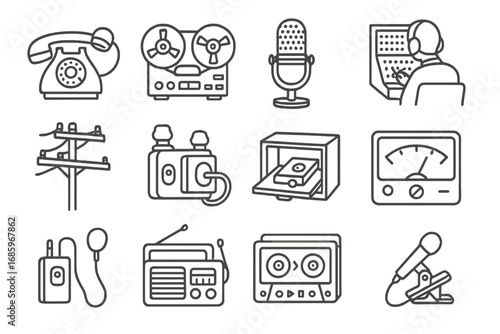 Analog Wiretap Icons. Line style icons of old-school analog wiretaps: rotary phone with receiver tap, reel-to-reel recorder, large