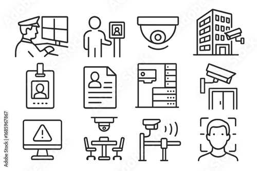 Corporate Surveillance Icons. Line style icons of corporate surveillance: security officer at screen wall, ID scan checkpoint,