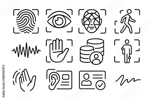 Biometric Surveillance Icons. Line style icons of biometric surveillance: fingerprint scanner, eye retina scan, facial grid