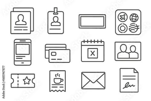 Spy Essentials Icons. Line style icons of cover story elements: fake backstory file, job ID badge, nameplate with alias, travel