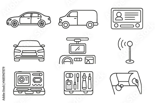 Undercover Tools Icons. Line style icons of undercover vehicles and tools: unmarked sedan, black van, delivery bike icon, comms