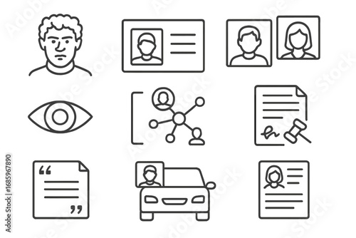 Investigative Profiles Icons. Line style icons of investigative profiles: suspect sketch, ID card scan, background check file,