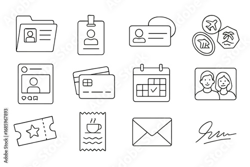 Spy Essentials Icons. Line style icons of cover story elements: fake backstory file, job ID badge, nameplate with alias, travel