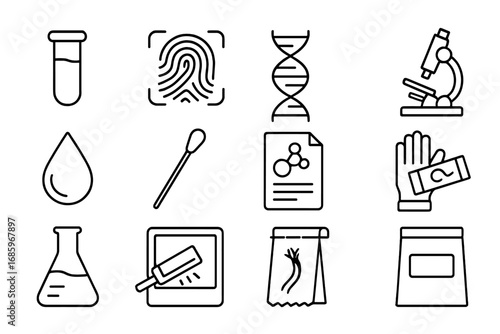 Forensic Investigation Icons. Line style icons of forensic investigation: test tube sample, fingerprint scan, DNA strand icon,