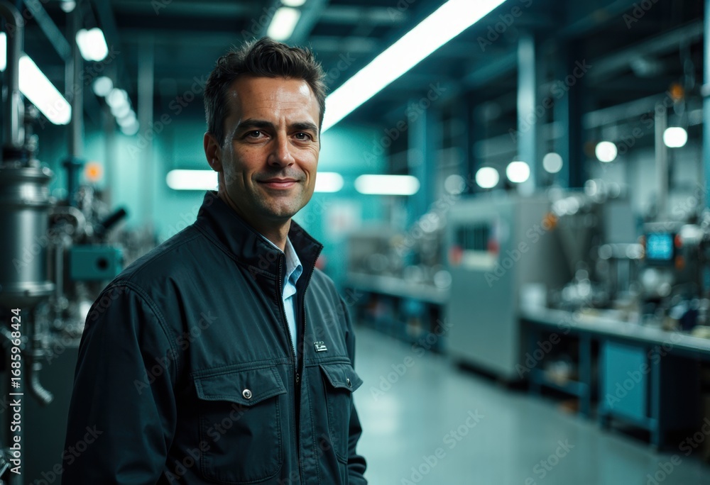 Fototapeta premium Industrial coordinator standing confidently beside chemical equipment in a modern facility