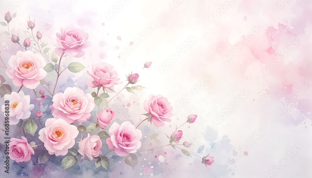 Fototapeta A gentle watercolor-style illustration of pink roses with buds and delicate greenery on a soft background