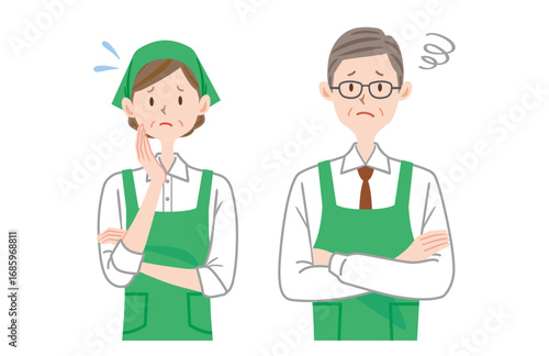 困るスーパーの店員のイラスト　中高年　パート　アルバイト　
